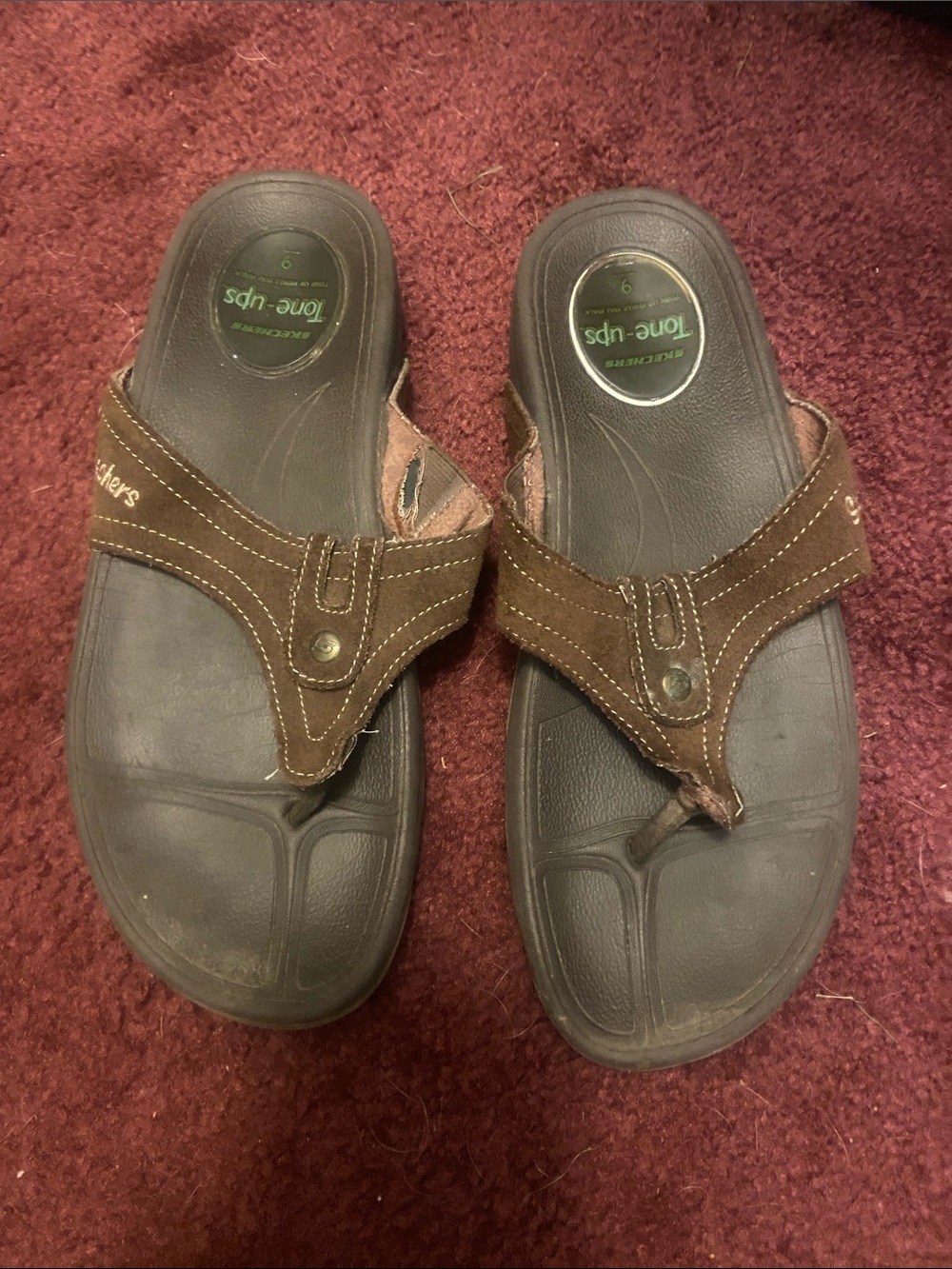 Women brown Sketchers Tone-Up Suede Flip Sandals